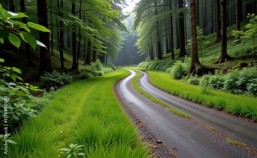 Obraz premium A winding dirt road through a lush green forest bathed in sunlight.