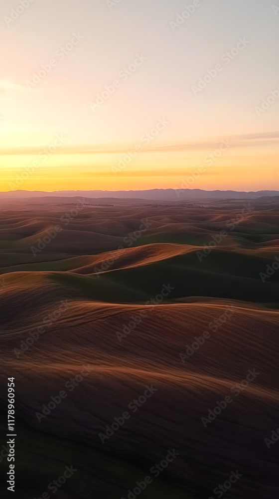 Naklejka premium Sunset Symphony Over Rolling Hills: A Dance of Light and Shadow Across Verdant and Golden Fields Under a Painted Sky