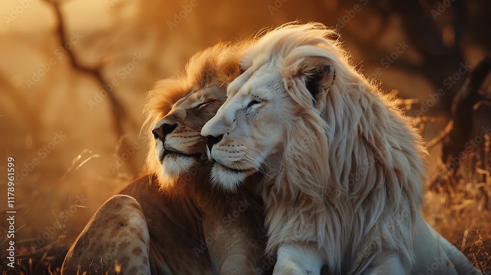 Fototapeta premium A white lion and brown lion hugging to each other at sunset