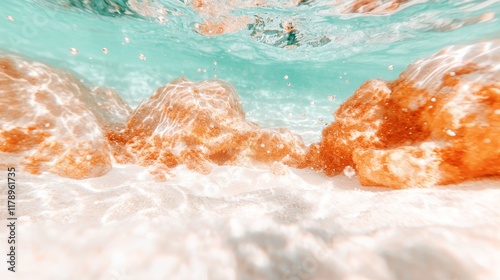 Underwater Scene Crystal Clear Turquoise Water Over Sandy Seabed with Orange Rocks