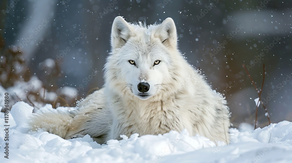 Obraz premium A white wolf rests in the snow staring at the camera with its pupils open