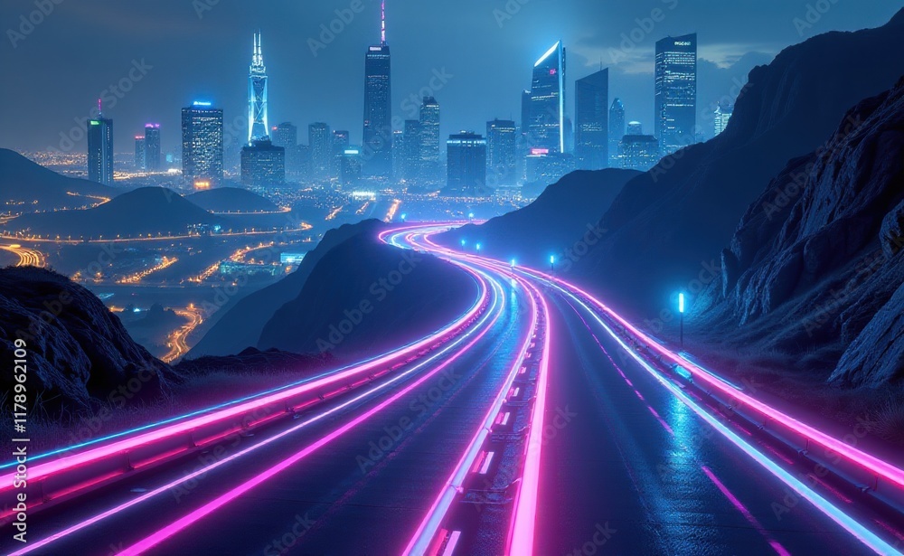 Fototapeta premium A futuristic cityscape at night, illuminated by neon lights, with a winding road leading through the scene, creating a dynamic and vibrant image.