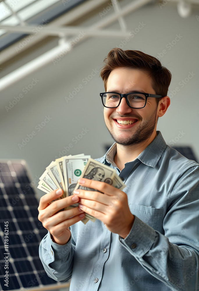 Solar Panel Savings: Man Holds Cash, Smiling Proudly Solar Panel Savings: Man Holds Cash, Smiling Proudly