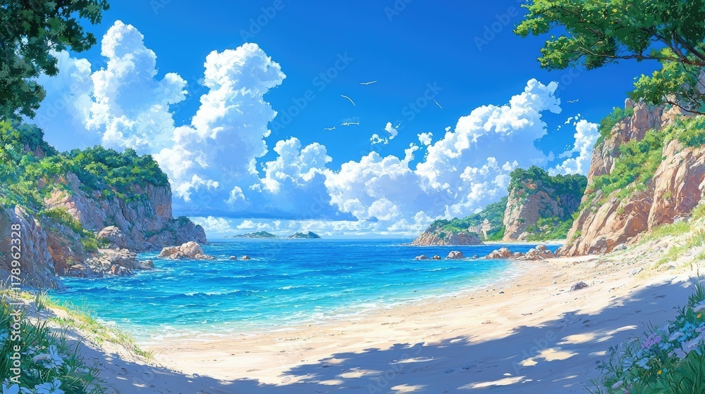 Fototapeta premium Stunning Beach Landscape: Azure Ocean, White Sand, and Dramatic Cliffs under a Summer Sky