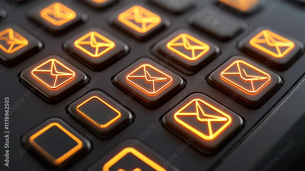 Close-up of illuminated keyboard buttons featuring mail icons at night