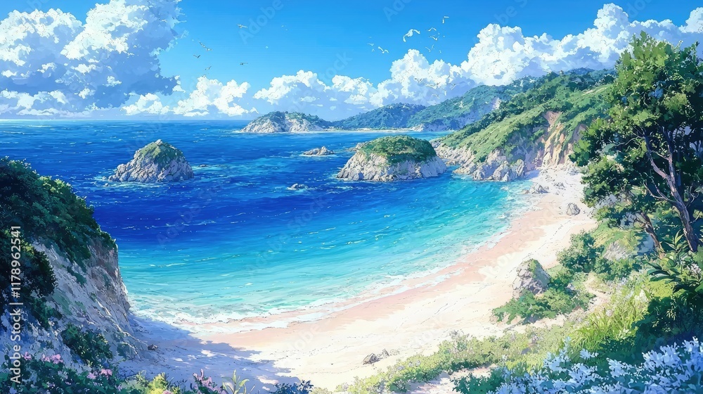 Fototapeta premium Stunning Beach Landscape: Azure Ocean, Sandy Shores, and Lush Cliffs under a Summer Sky