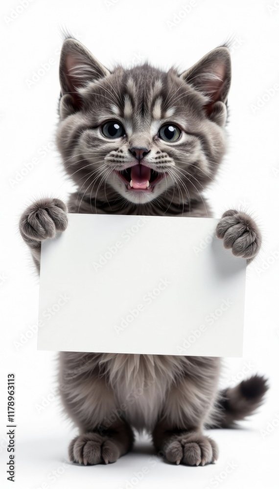 Funny gray tabby kitten holding a placard on an isolated background with a big smile, cute kitten, adorable feline, playful animal Funny gray tabby kitten holding a placard on an isolated background with a big smile, cute kitten, adorable feline, playful animal