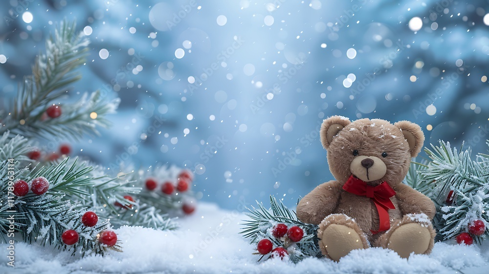 A winter landscape with a teddy bear flanked by christmas pine needles A winter landscape with a teddy bear flanked by christmas pine needles