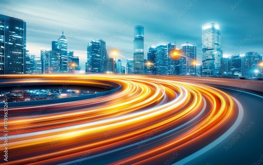 Fototapeta premium Dynamic Cityscape Night Traffic Trails Swirling Around Modern Skyline
