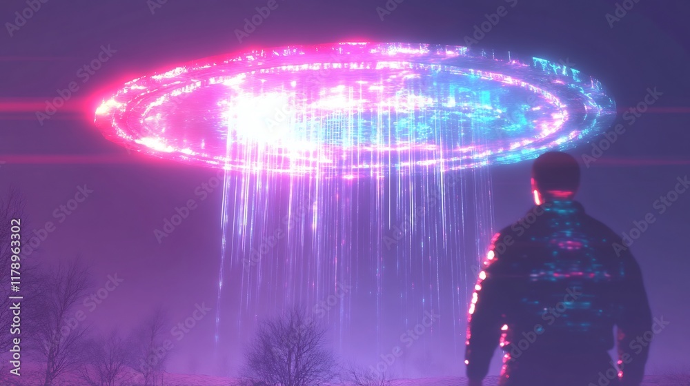 Fototapeta premium Digital Painting: Mystical Energy Beams Mysteriously Descending Night Scene. AI Generated