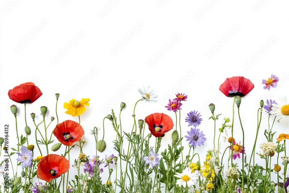 Fototapeta premium A wildflower field border with poppies and yellow flowers on a white background