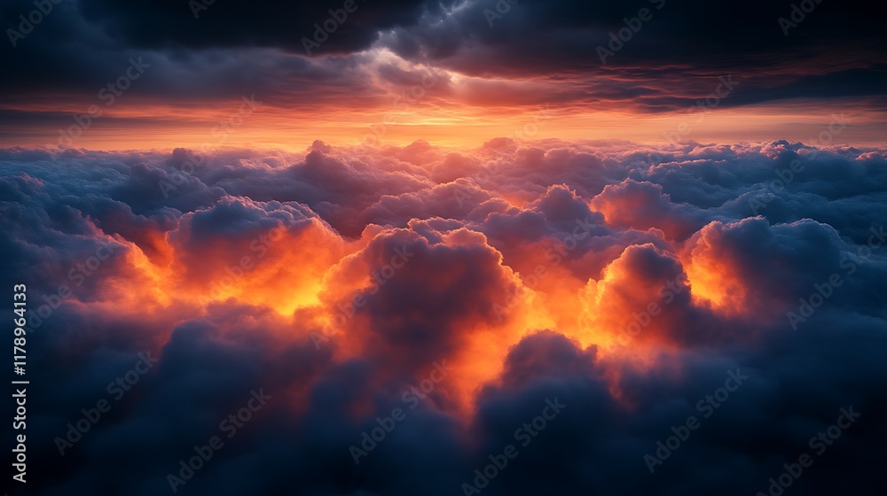 Naklejka premium Fiery sunset above a sea of clouds.