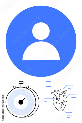 User icon, stopwatch for time tracking, heart with data lines indicating health monitoring. Ideal for wellness apps, fitness, productivity, healthcare tech, user interfaces, bio-data abstract line