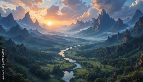 Mystic fantasy medieval building grass and river landscape. Fantastic world digital art painting