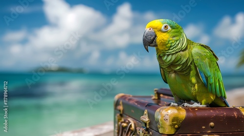 A yellow naped parrot perched on a suitcase close to the shore photo