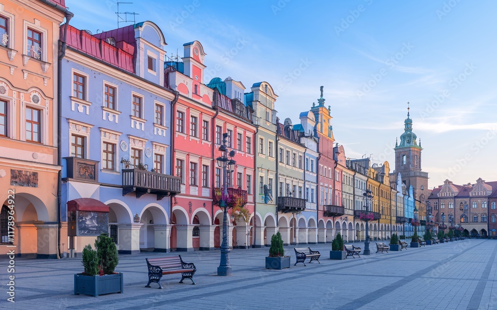 Obraz premium Colorful historic buildings line a town square at sunrise. (1)