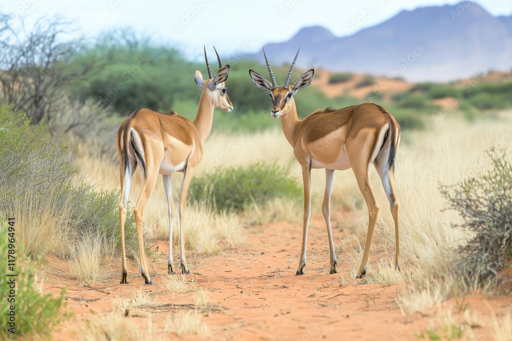 Elegant antelopes stand in the vibrant red sands of the Kalahari desert in Namibia, showcasing their natural beauty and grace Elegant antelopes stand in the vibrant red sands of the Kalahari desert in Namibia, showcasing their natural beauty and grace