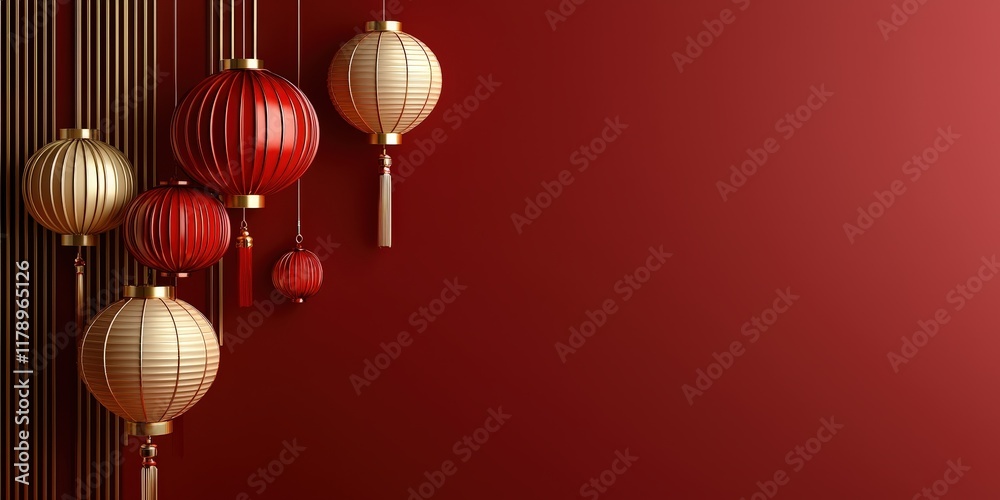 Elegant red and gold lanterns hang against a deep red background, creating a festive and inviting atmosphere. Elegant red and gold lanterns hang against a deep red background, creating a festive and inviting atmosphere.