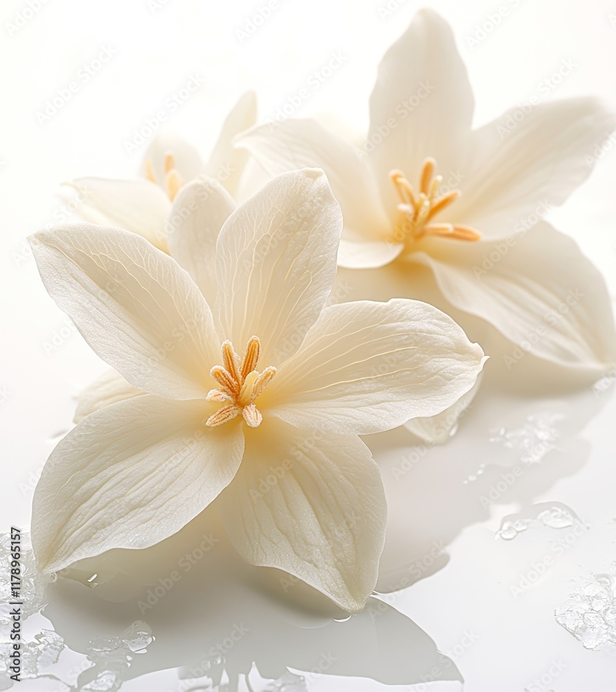 Delicate white flowers gently rest on a reflective surface, conveying purity and elegance, This serene image is ideal for use in wellness, beauty, or nature-related projects, Delicate white flowers gently rest on a reflective surface, conveying purity and elegance, This serene image is ideal for use in wellness, beauty, or nature-related projects,