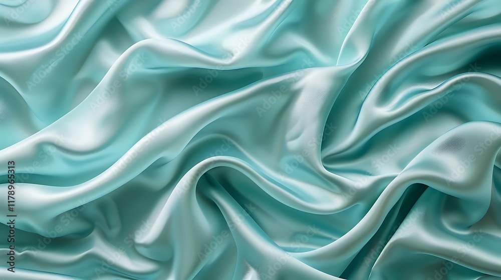 Fototapeta premium Abstract background with waves of smooth elegant cyan color silk luxury cloth fabric texture