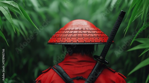 A figure in a red outfit and conical hat stands in a lush green jungle, holding a sword, evoking themes of mystery and adventure. photo