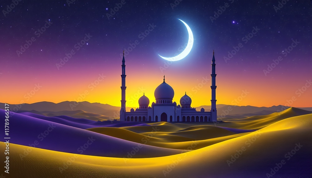 Majestic Mosque in Desert at Sunset with Crescent Moon Majestic Mosque in Desert at Sunset with Crescent Moon