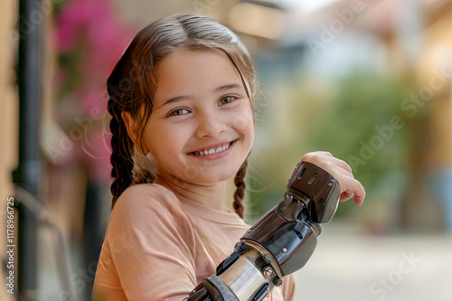 Smiling girl with a prosthetic arm enjoying the outdoors photo