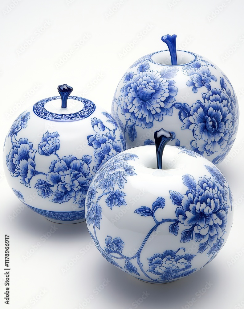 Three exquisite porcelain decorative items featuring intricate blue floral patterns, Ideal for home decor, art collections, and stylistic displays in galleries or exhibitions, Three exquisite porcelain decorative items featuring intricate blue floral patterns, Ideal for home decor, art collections, and stylistic displays in galleries or exhibitions,