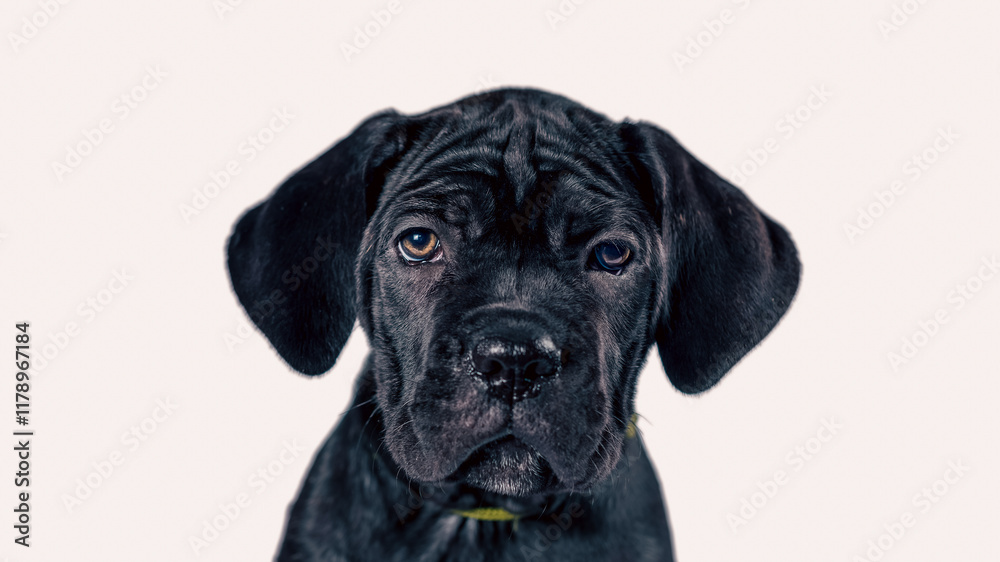 black cane corso puppy looking up on a white background black cane corso puppy looking up on a white background