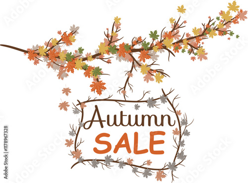 Vector element with a tree branch and with yellow, orange, autumn maple leaves with the inscription "Autumn Sale"