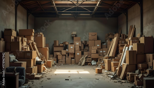 Un almacén desordenado lleno de cajas, muebles y otros objetos esparcidos
