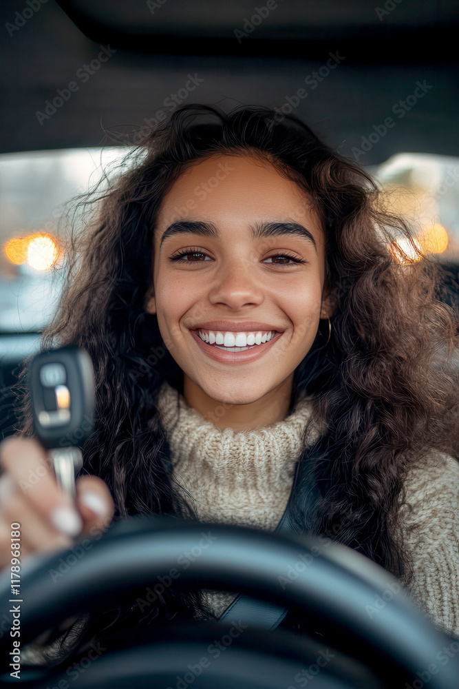 Joyful Young Woman sitting behind the steering wheel Holding Car Keys Joyful Young Woman sitting behind the steering wheel Holding Car Keys