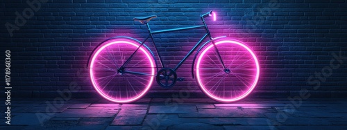 Neon Wheels, a vintage bicycle illuminated by vibrant neon rims stands out against a textured dark brick wall, creating a striking urban contrast. photo