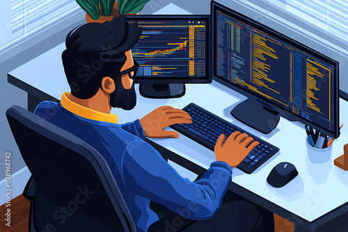 A man is sitting at a desk with two computer monitors and a keyboard