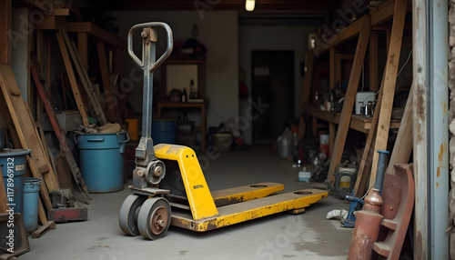 Una carretilla elevadora amarilla en un garaje o almacén desordenado, rodeada de herramientas, equipos y otros objetos.