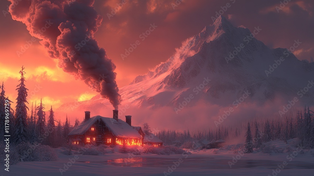 Cozy cabin in snowy mountains at sunset. Cozy cabin in snowy mountains at sunset.