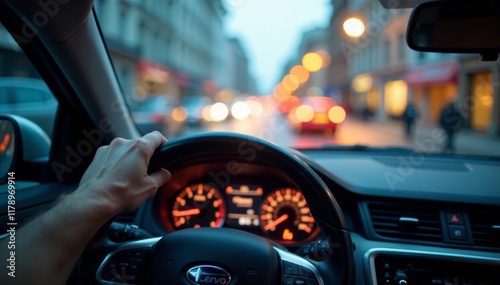 Hands holding wheel, blurred windshield, dashboard view, automotive view, truck, blurred windscreen