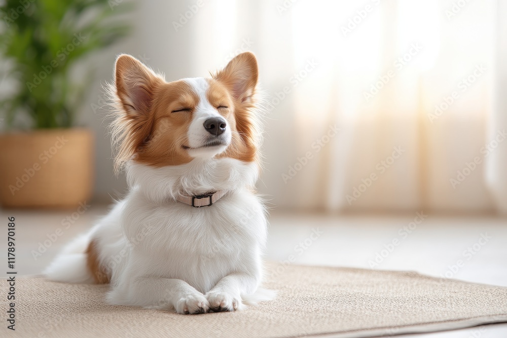 Adorable Small Dog Resting Comfortably on Soft Rug in Cozy Living Room with Warm Lighting and Inviting Atmosphere Adorable Small Dog Resting Comfortably on Soft Rug in Cozy Living Room with Warm Lighting and Inviting Atmosphere