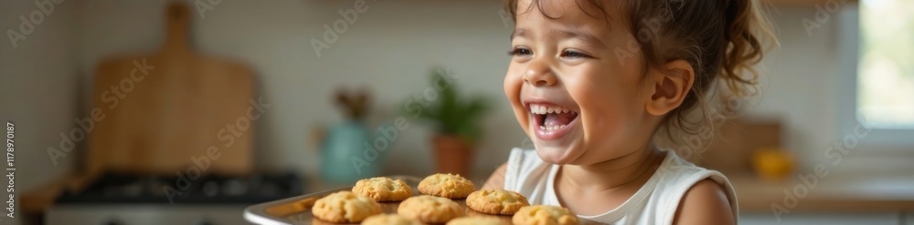 Happy child giggling while holding a tray of freshly baked cookies, handicapped, warm kitchen, cookies Happy child giggling while holding a tray of freshly baked cookies, handicapped, warm kitchen, cookies