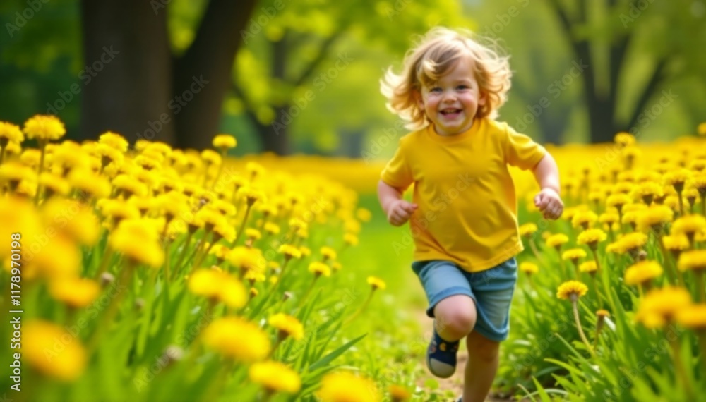 Happy child running through a sea of bright yellow dandelions in a spring park, blooming wildflowers, playful kids, joyful moment Happy child running through a sea of bright yellow dandelions in a spring park, blooming wildflowers, playful kids, joyful moment