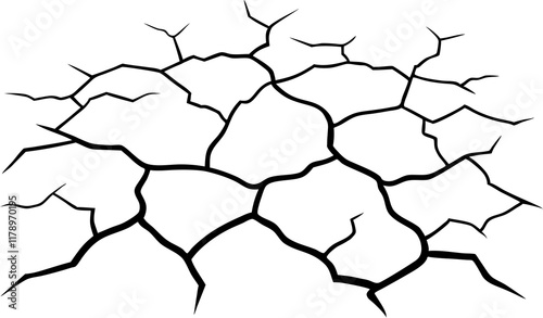 
Dry cracked ground Surface crack sharp soil Broken glass effect Structure of cracks, Breaks land texture earthquake scratches isolated black and white vector silhouette 



