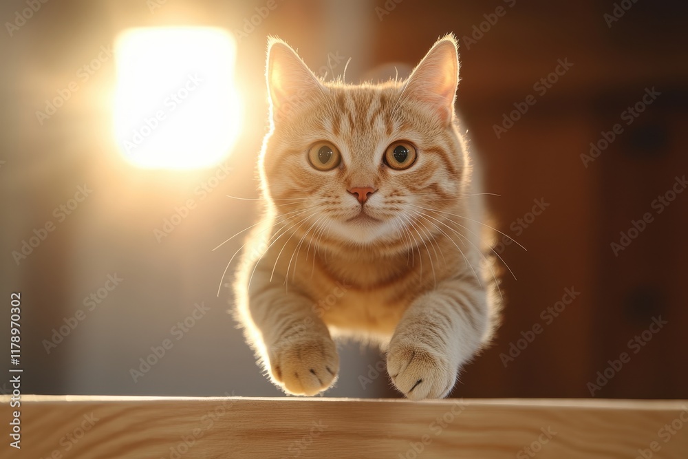 Playful Cat Leaping Gracefully onto Rustic Wooden Table Surrounded by Warm Natural Light in a Cozy Home Environment Playful Cat Leaping Gracefully onto Rustic Wooden Table Surrounded by Warm Natural Light in a Cozy Home Environment