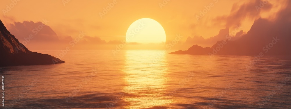 Naklejka premium Serene Sunset Over Tranquil Waters, golden hues reflecting on gentle waves, creating a peaceful evening ambiance by the shore