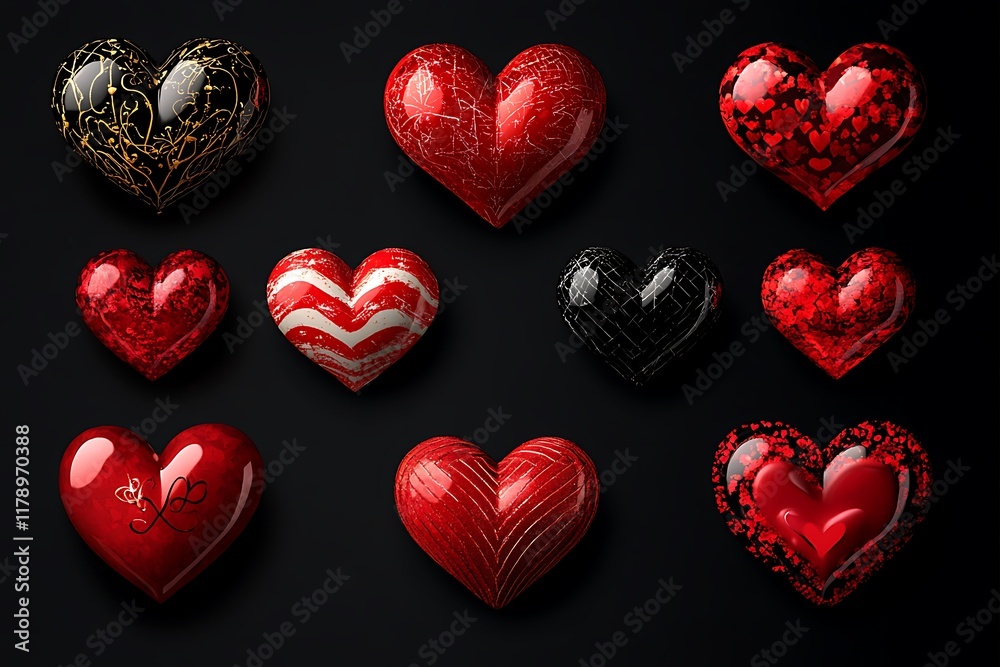 Fototapeta premium Valentine day group of red and black hearts