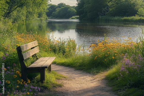 Park bench in a meadow with wildflowers under a soft sunny light photo