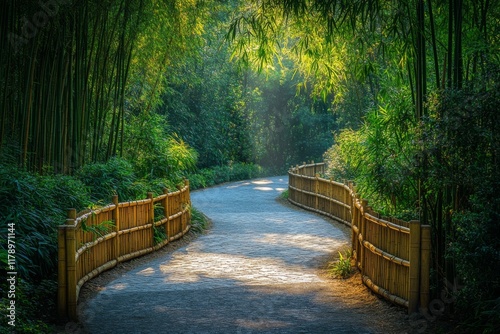 Bamboo bridge surrounded by dense green forest with soft sunlight photo