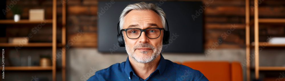 Fototapeta premium A professional older man with glasses and headphones sits in a modern workspace, looking directly at the camera with a friendly expression.