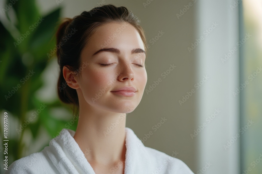 Woman with Closed Eyes in Tranquil Moment of Reflection Surrounded by Soft Natural Light and Gentle Atmosphere of Calmness Woman with Closed Eyes in Tranquil Moment of Reflection Surrounded by Soft Natural Light and Gentle Atmosphere of Calmness
