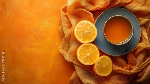 Fresh orange juice with lemon slices on orange background. photo