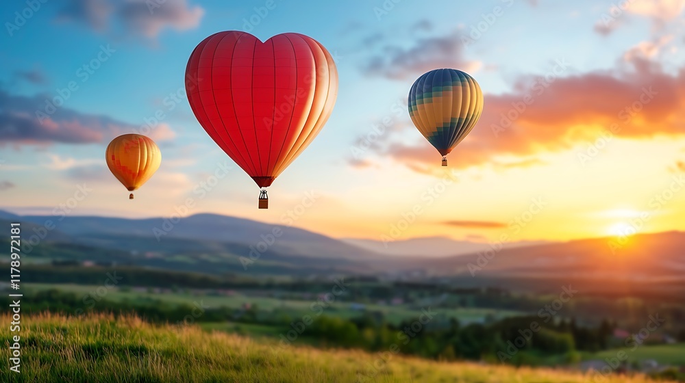Fototapeta premium Heart shaped hot air balloons soaring gracefully in a vibrant glowing sunset sky over a serene picturesque landscape creating a dreamlike ethereal atmosphere of and wonder